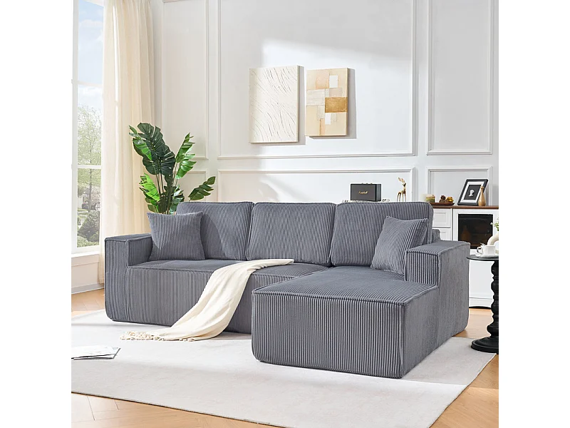 Canapé 3 Places d'angle droit modulable en Velours côtelé, avec 2 oreillers, 128cm méridienne, Gris