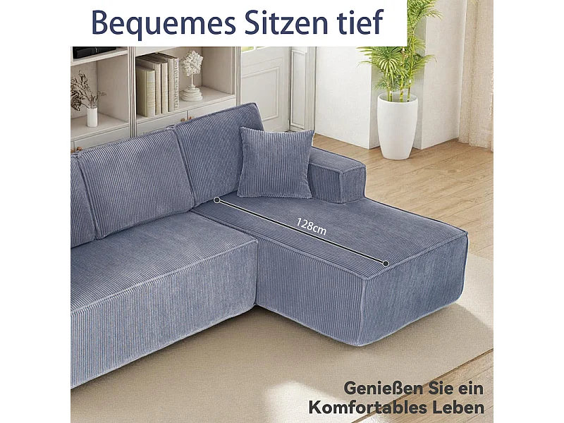 Canapé 3 Places d'angle droit modulable en Velours côtelé, avec 2 oreillers, 128cm méridienne, Gris