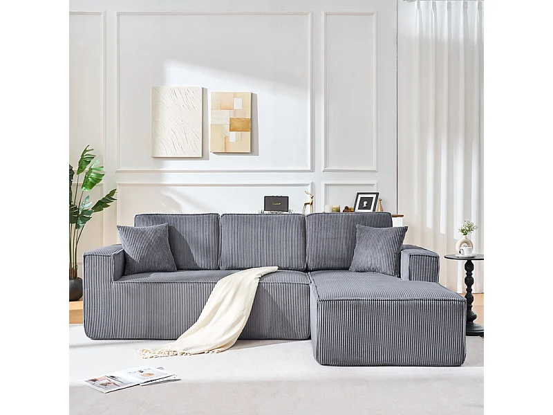 Canapé 3 Places d'angle droit modulable en Velours côtelé, avec 2 oreillers, 128cm méridienne, Gris