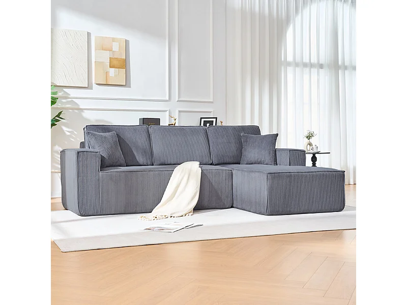 Canapé 3 Places d'angle droit modulable en Velours côtelé, avec 2 oreillers, 128cm méridienne, Gris
