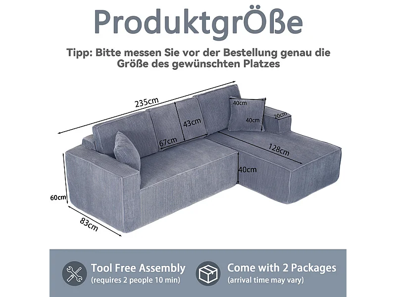 Canapé 3 Places d'angle droit modulable en Velours côtelé, avec 2 oreillers, 128cm méridienne, Gris