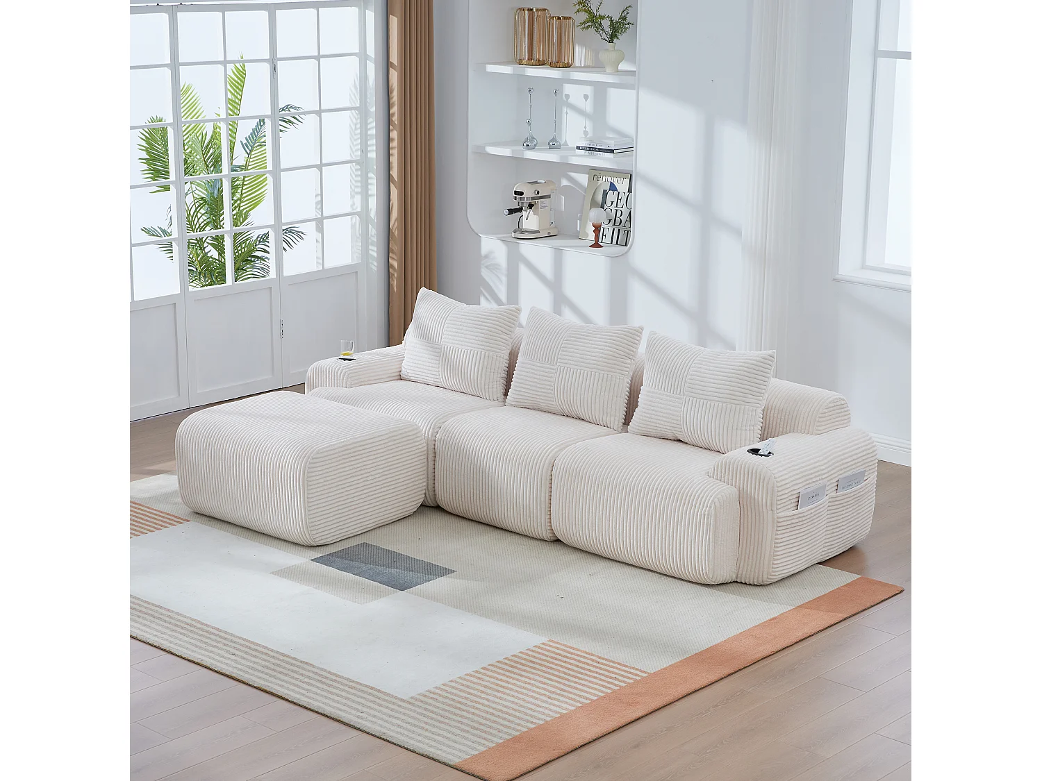 Canapé 3 places d'angle modulable en Velours côtelé, avec pouf, porte-gobelets et poche latérale, 268x174x80cm, Beige