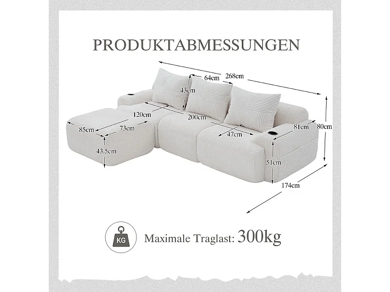 Canapé 3 places d'angle modulable en Velours côtelé, avec pouf, porte-gobelets et poche latérale, 268x174x80cm, Beige