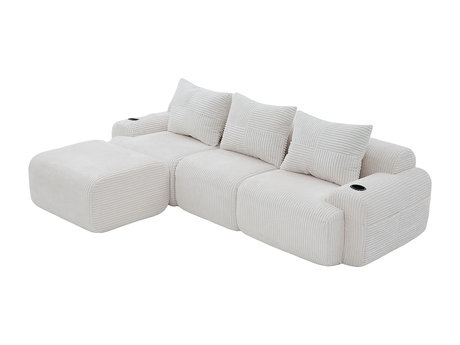 Canapé 3 places d'angle modulable en Velours côtelé, avec pouf, porte-gobelets et poche latérale, 268x174x80cm, Beige