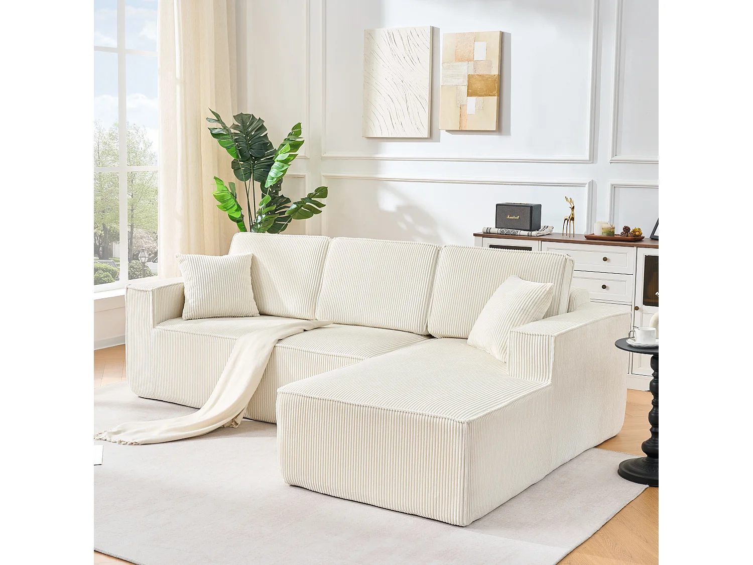 Canapé 3 Places d'angle droit modulable en Velours côtelé, avec 2 oreillers, 128cm méridienne, Beige