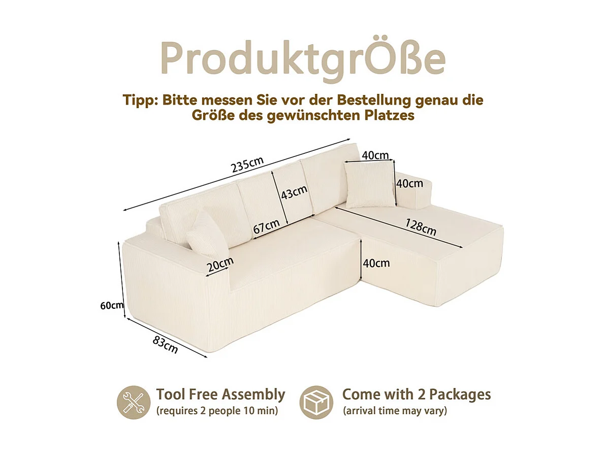 Canapé 3 Places d'angle droit modulable en Velours côtelé, avec 2 oreillers, 128cm méridienne, Beige