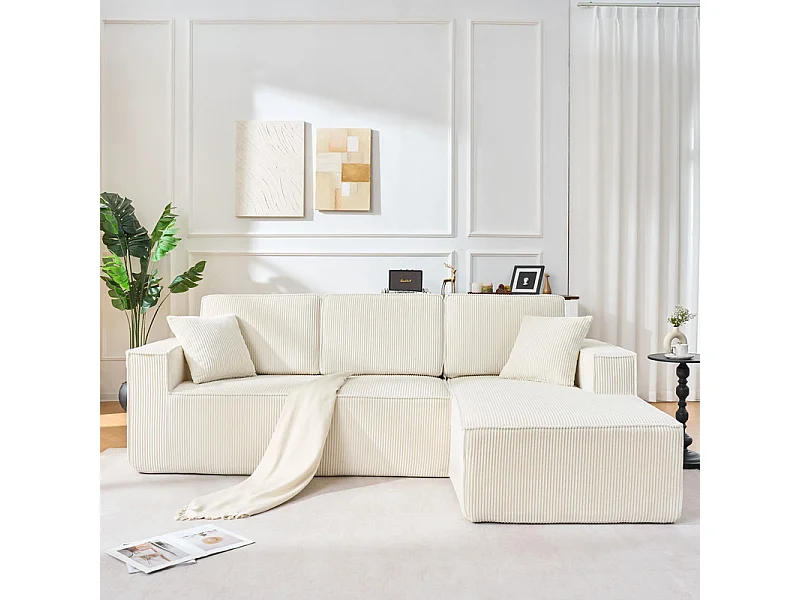 Canapé 3 Places d'angle droit modulable en Velours côtelé, avec 2 oreillers, 128cm méridienne, Beige