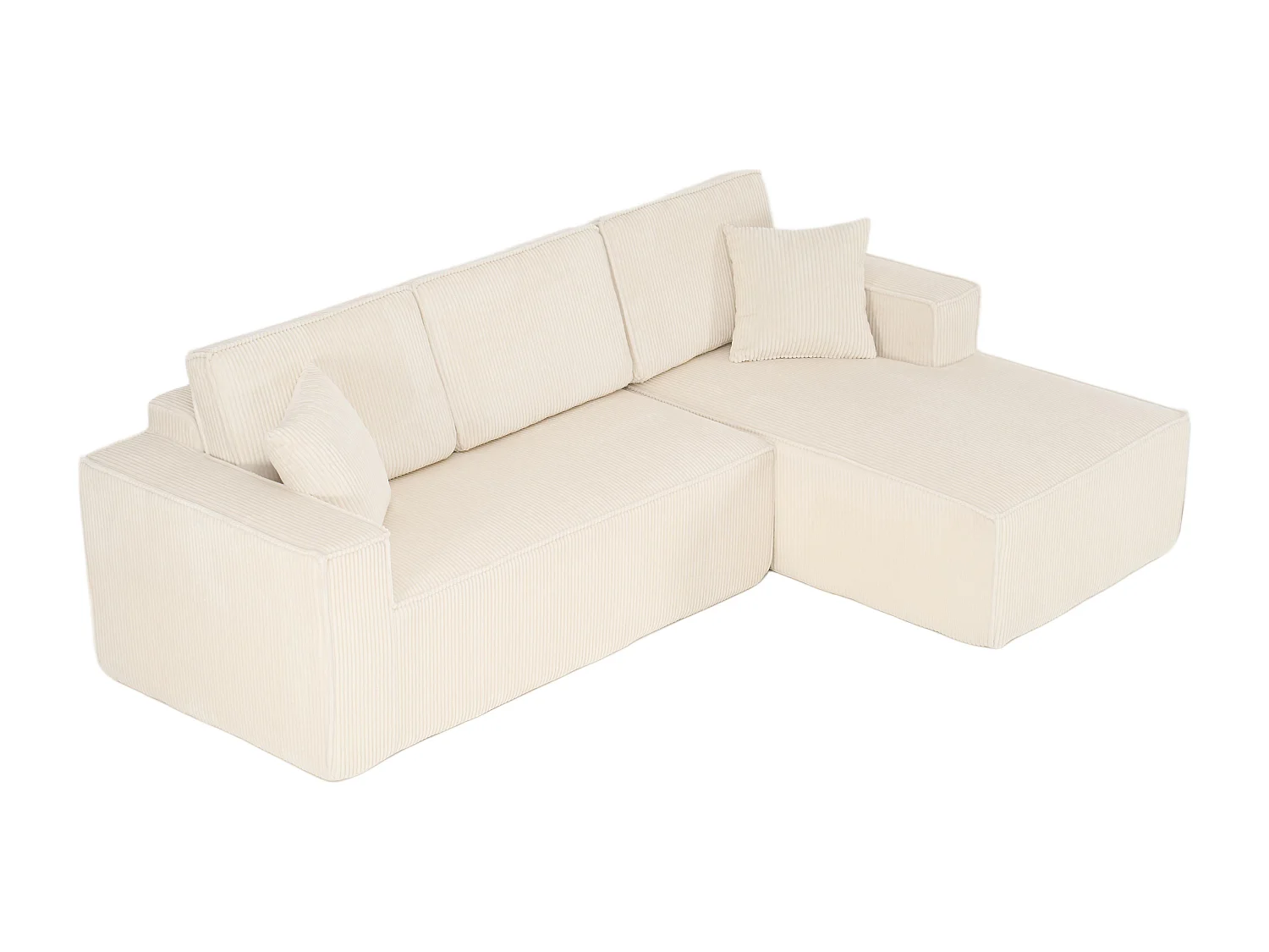 Canapé 3 Places d'angle droit modulable en Velours côtelé, avec 2 oreillers, 128cm méridienne, Beige