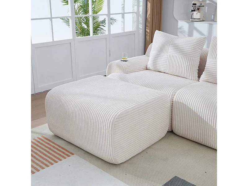 Canapé 2 places d'angle modulable en Velours côtelé, avec pouf, porte-gobelets et poche latérale, 200x174x80cm, Beige