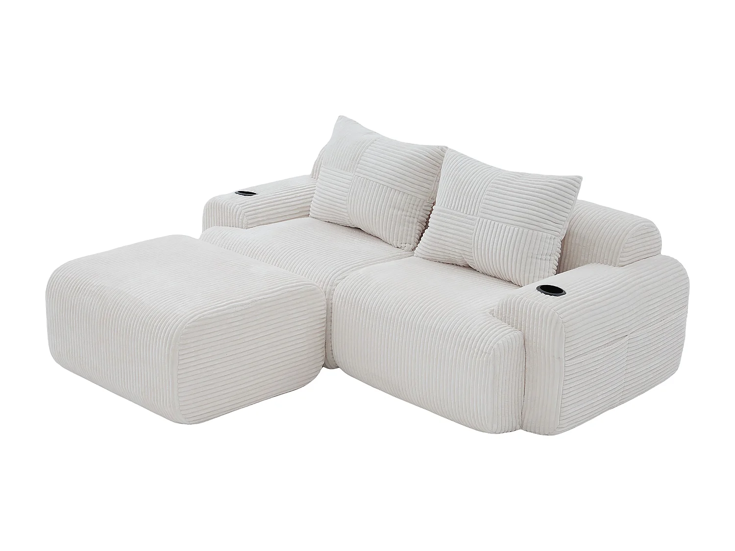 Canapé 2 places d'angle modulable en Velours côtelé, avec pouf, porte-gobelets et poche latérale, 200x174x80cm, Beige