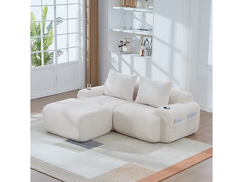 Canapé 2 places d'angle modulable en Velours côtelé, avec pouf, porte-gobelets et poche latérale, 200x174x80cm, Beige