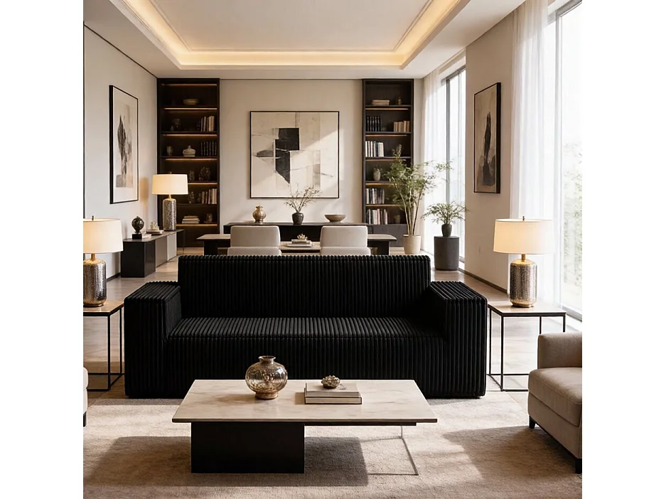 Canapé 2 Places en Velours côtelé, 58cm profondeur d'assise, 178x86x70cm, Noir