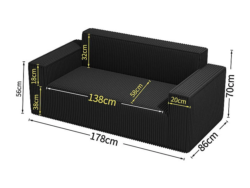 Canapé 2 Places en Velours côtelé, 58cm profondeur d'assise, 178x86x70cm, Noir