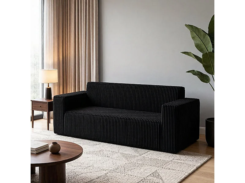 Canapé 2 Places en Velours côtelé, 58cm profondeur d'assise, 178x86x70cm, Noir