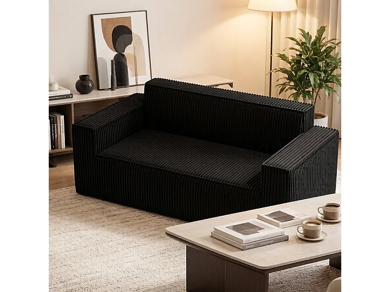 Canapé 2 Places en Velours côtelé, 58cm profondeur d'assise, 178x86x70cm, Noir