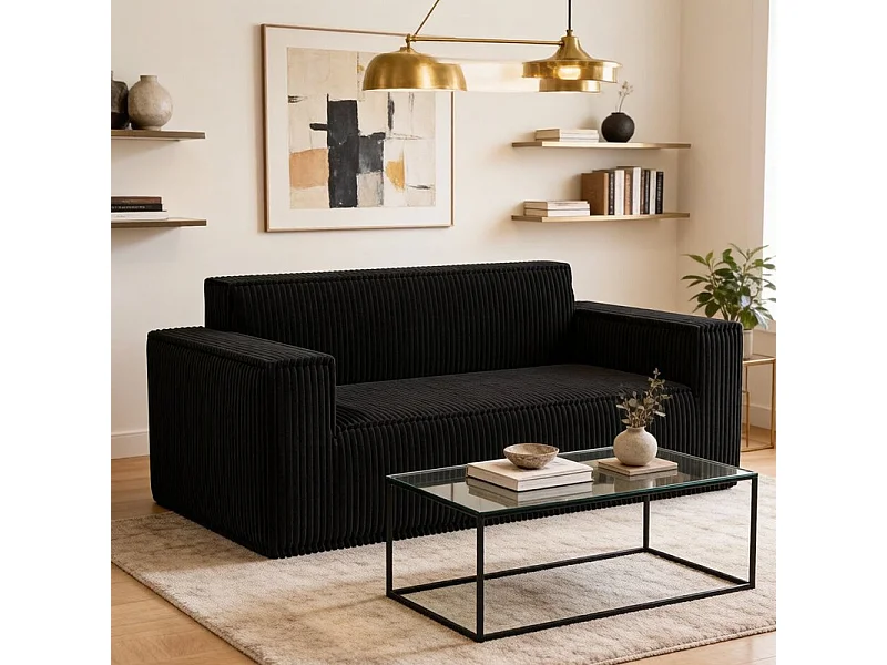 Canapé 2 Places en Velours côtelé, 58cm profondeur d'assise, 178x86x70cm, Noir