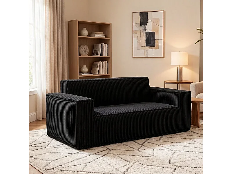 Canapé 2 Places en Velours côtelé, 58cm profondeur d'assise, 178x86x70cm, Noir