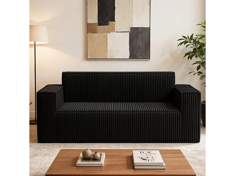 Canapé 2 Places en Velours côtelé, 58cm profondeur d'assise, 178x86x70cm, Noir