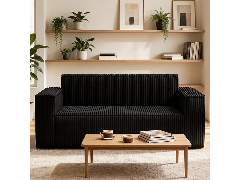 Canapé 2 Places en Velours côtelé, 58cm profondeur d'assise, 178x86x70cm, Noir