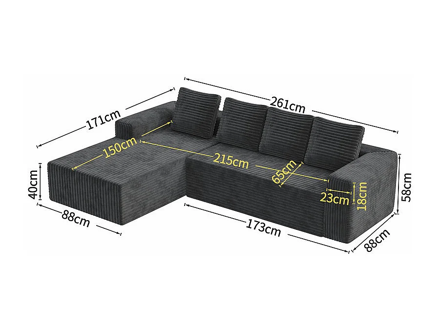 Sofá modular ángulo izquierdo - Terciopelo acanalado Gris - 4 Plazas - 4 cojines y chaise 150cm - 261x171x58cm