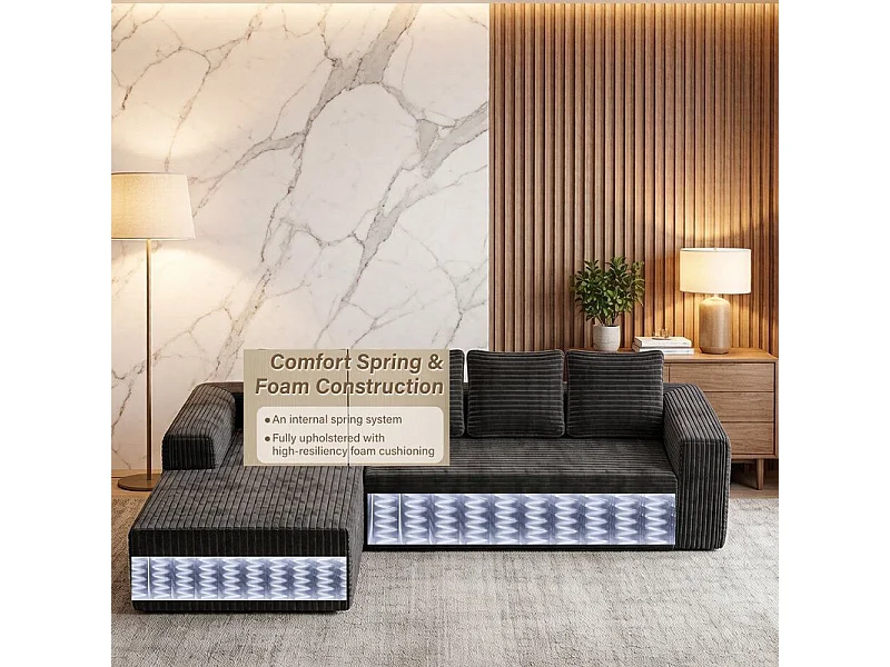 Sofá modular ángulo izquierdo - Terciopelo acanalado Gris - 4 Plazas - 4 cojines y chaise 150cm - 261x171x58cm