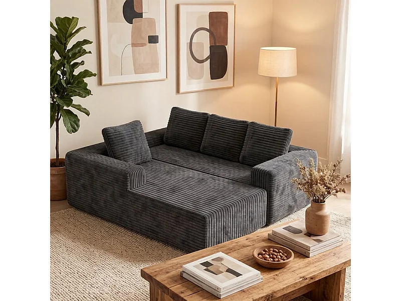 Sofá modular ángulo izquierdo - Terciopelo acanalado Gris - 4 Plazas - 4 cojines y chaise 150cm - 261x171x58cm
