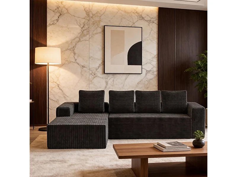 Sofá modular ángulo izquierdo - Terciopelo acanalado Gris - 4 Plazas - 4 cojines y chaise 150cm - 261x171x58cm