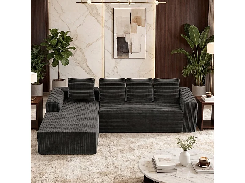 Sofá modular ángulo izquierdo - Terciopelo acanalado Gris - 4 Plazas - 4 cojines y chaise 150cm - 261x171x58cm