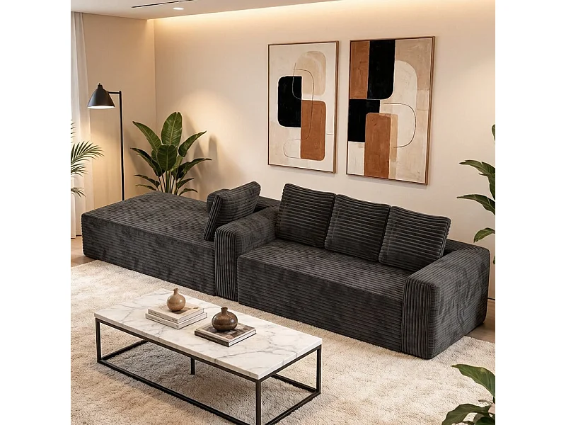 Sofá modular ángulo izquierdo - Terciopelo acanalado Gris - 4 Plazas - 4 cojines y chaise 150cm - 261x171x58cm