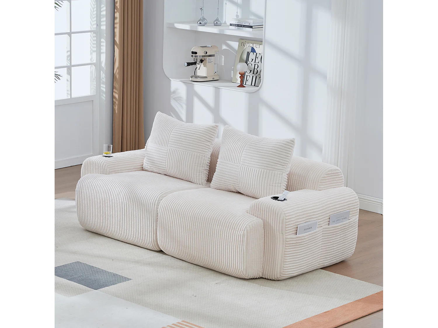 Canapé 2 places modulable en Velours côtelé, avec porte-gobelets et poche latérale, 200x99x80cm, Beige