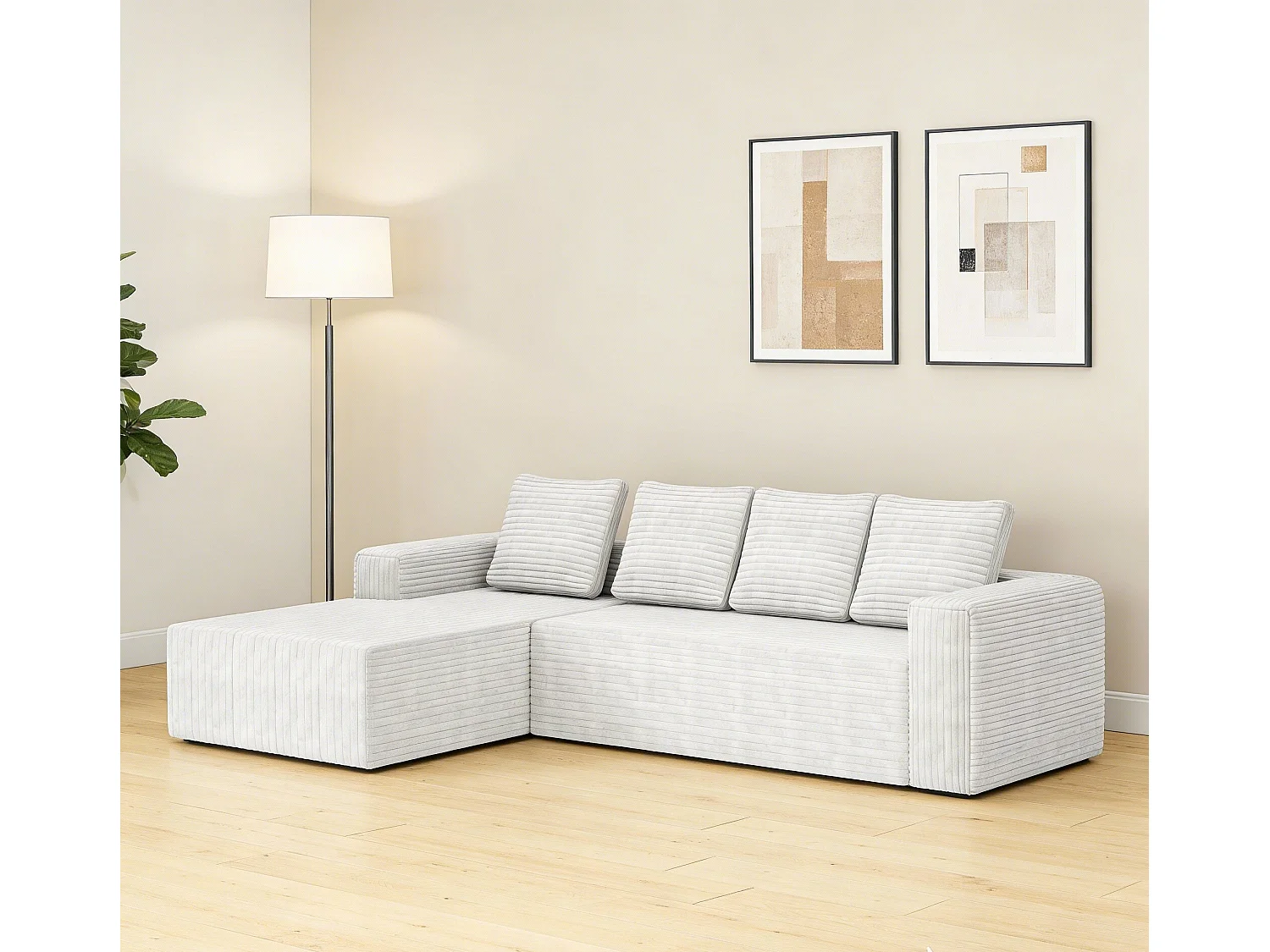 Modulaire hoekbank links - Ribfluweel Wit - 4-zits - 4 kussens en 150cm lounge - 261x171x58cm