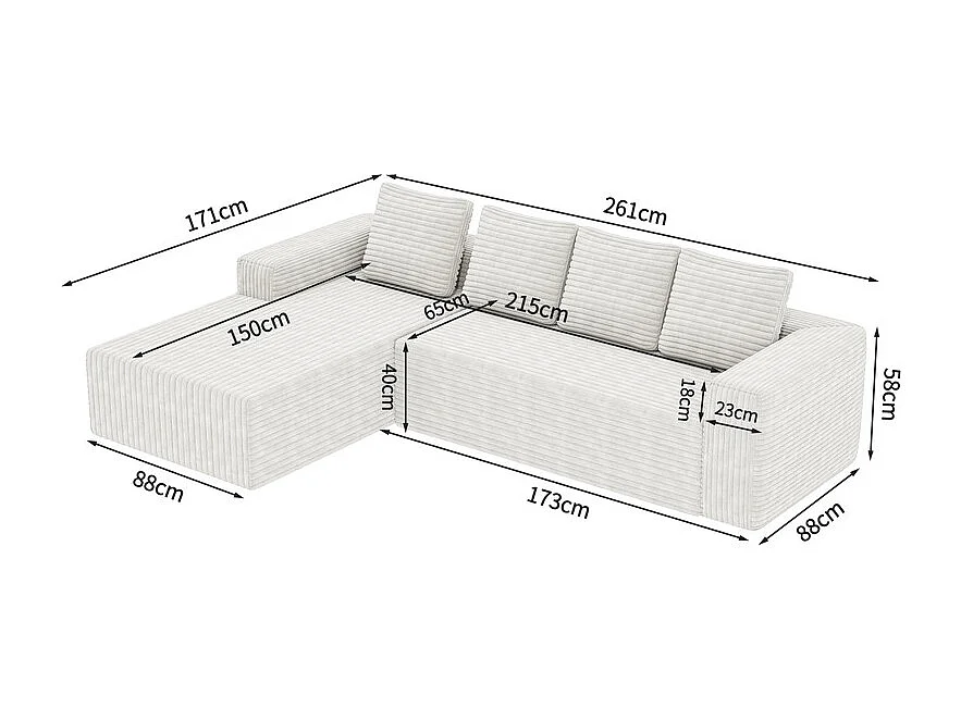 Modulaire hoekbank links - Ribfluweel Wit - 4-zits - 4 kussens en 150cm lounge - 261x171x58cm