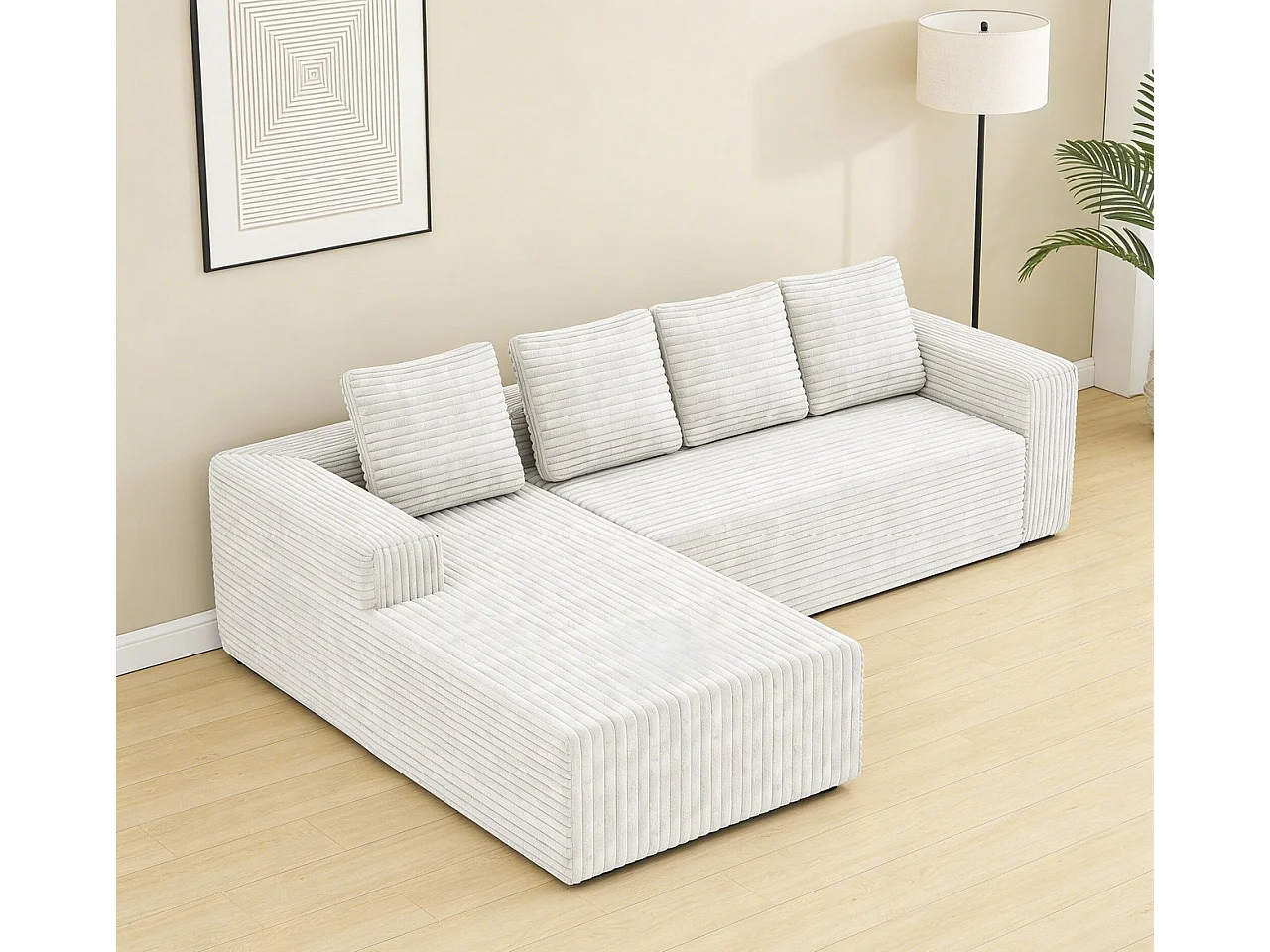 Modulaire hoekbank links - Ribfluweel Wit - 4-zits - 4 kussens en 150cm lounge - 261x171x58cm