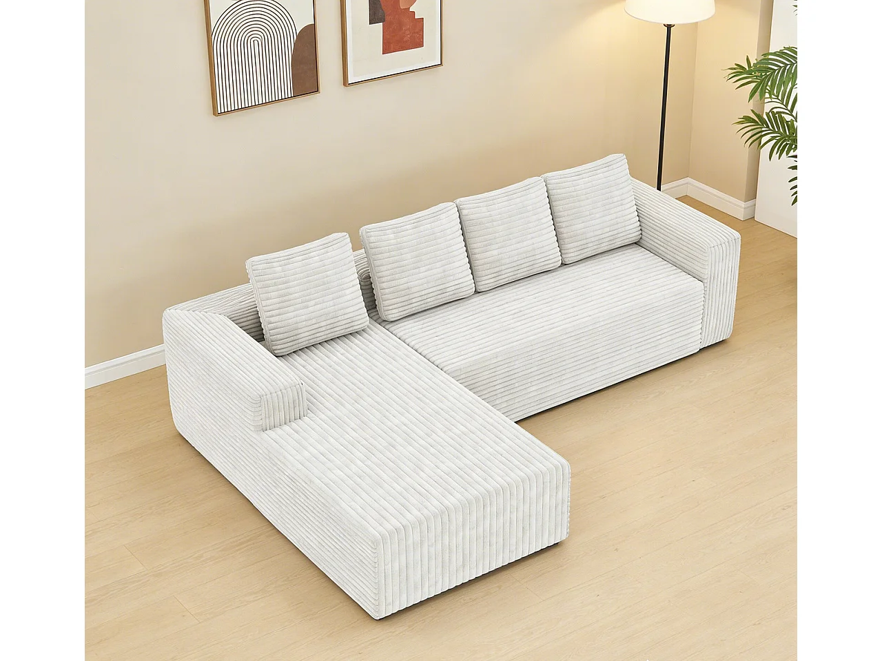 Modulaire hoekbank links - Ribfluweel Wit - 4-zits - 4 kussens en 150cm lounge - 261x171x58cm
