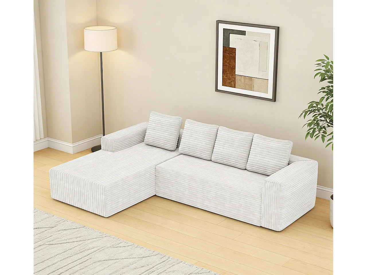 Modulaire hoekbank links - Ribfluweel Wit - 4-zits - 4 kussens en 150cm lounge - 261x171x58cm