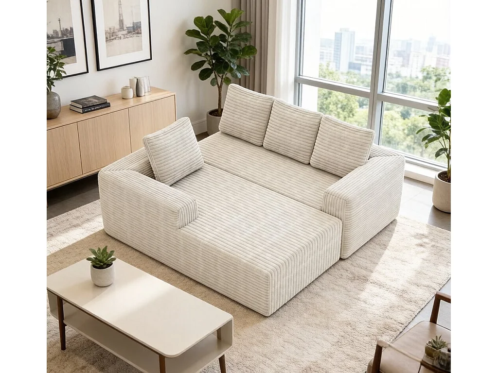 Modulaire hoekbank links - Ribfluweel Wit - 4-zits - 4 kussens en 150cm lounge - 261x171x58cm