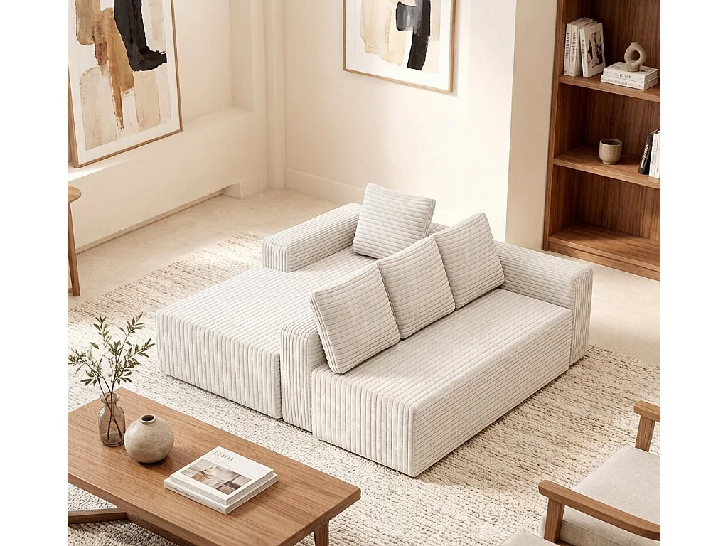 Modulaire hoekbank links - Ribfluweel Wit - 4-zits - 4 kussens en 150cm lounge - 261x171x58cm