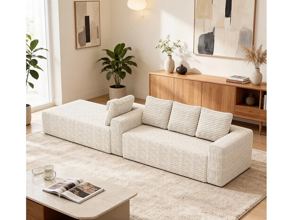 Modulaire hoekbank links - Ribfluweel Wit - 4-zits - 4 kussens en 150cm lounge - 261x171x58cm