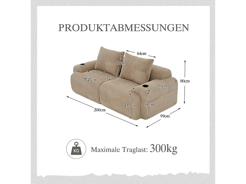 Modulaire 2-zits bank ribfluweel, bekerhouders en zijvak, 200x99x80cm, Kaki