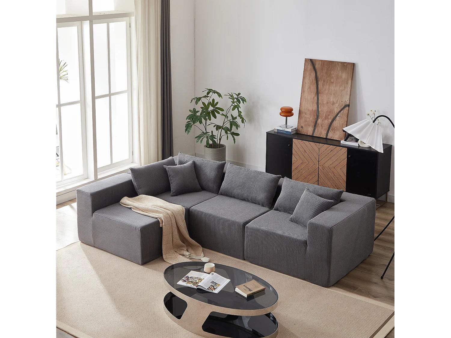 Canapé d'angle modulable - en Velours côtelé - 3/4 places - avec 3 coussins et 3 oreillers - Gris