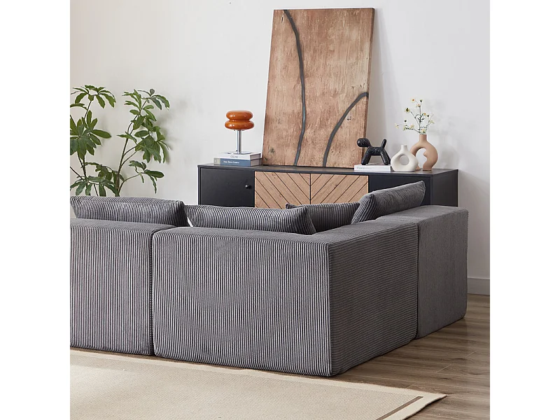 Canapé d'angle modulable - en Velours côtelé - 3/4 places - avec 3 coussins et 3 oreillers - Gris