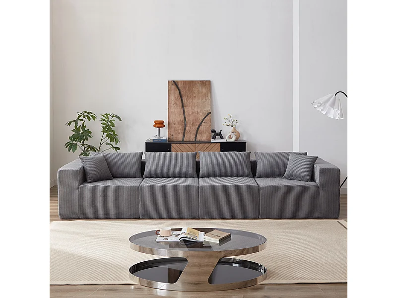 Canapé d'angle modulable - en Velours côtelé - 3/4 places - avec 3 coussins et 3 oreillers - Gris