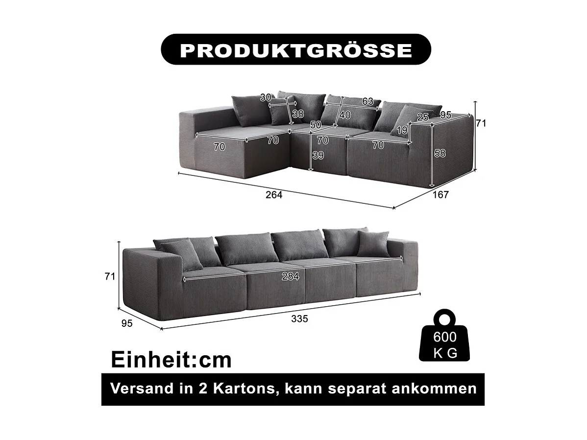 Canapé d'angle modulable - en Velours côtelé - 3/4 places - avec 3 coussins et 3 oreillers - Gris