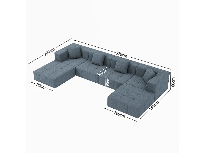 Canapé 4 places d'angle modulable en tissu - avec 4 oreillers et 2 pouf - Gris - 370x200x60cm