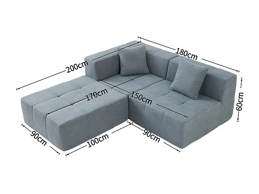 Canapé d'angle modulable en tissu - avec pouf et 2 oreillers - Gris - 270x100x60cm