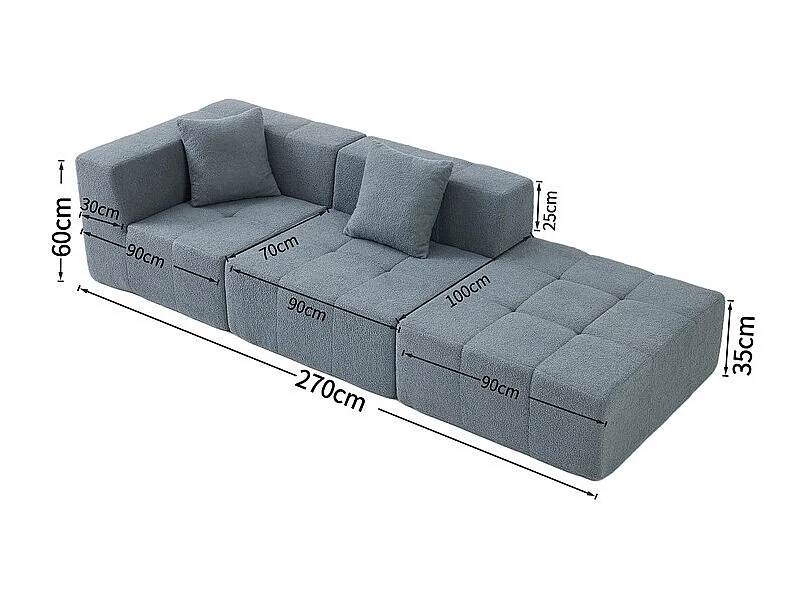 Canapé d'angle modulable en tissu - avec pouf et 2 oreillers - Gris - 270x100x60cm