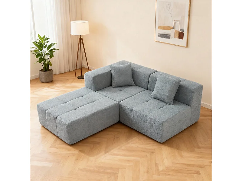 Canapé d'angle modulable en tissu - avec pouf et 2 oreillers - Gris - 270x100x60cm