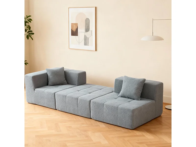 Canapé d'angle modulable en tissu - avec pouf et 2 oreillers - Gris - 270x100x60cm