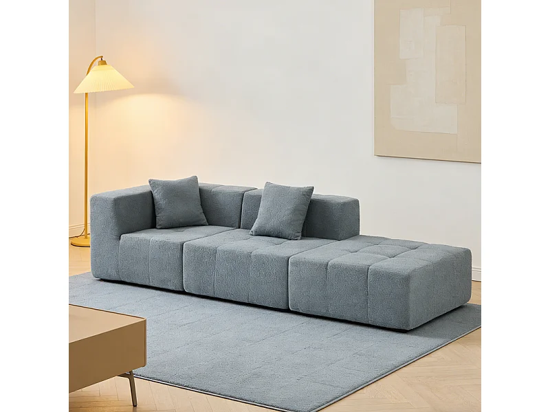 Canapé d'angle modulable en tissu - avec pouf et 2 oreillers - Gris - 270x100x60cm