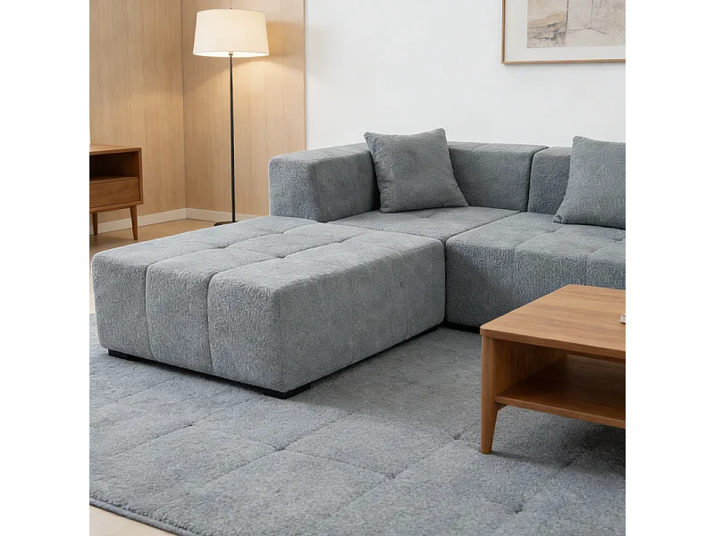 Canapé d'angle modulable en tissu - avec pouf et 2 oreillers - Gris - 270x100x60cm